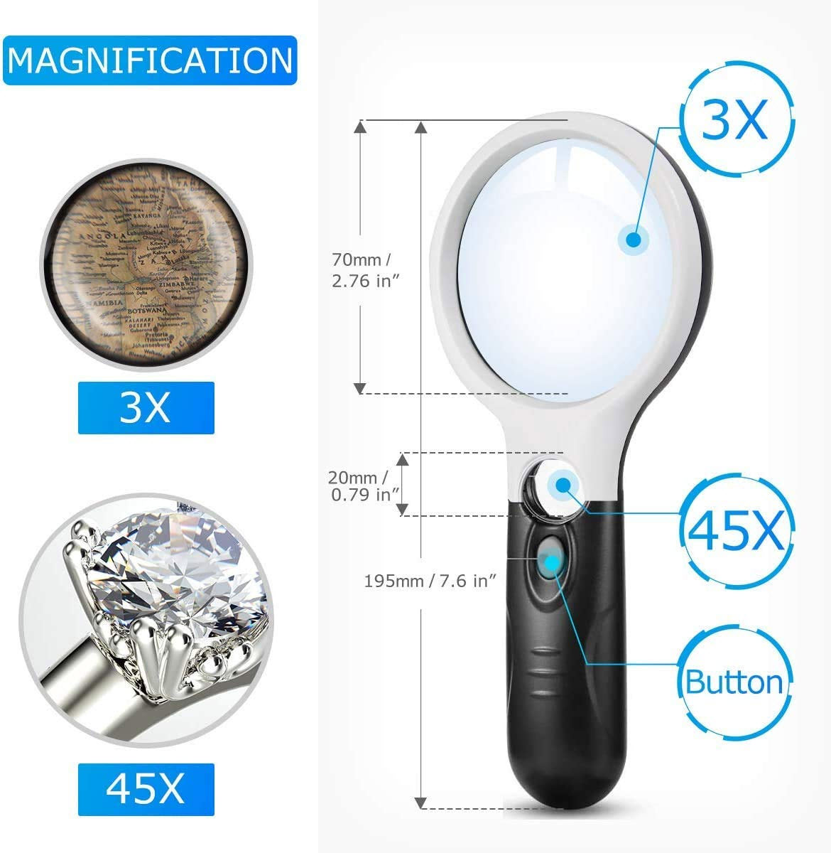Magnifier 3 LED Light, 3X 45X Handheld Magnifier Reading Magnifying Glass illuminated Loupe Lens Super High Clarity Lighted for Books Maps,jewelry, Watch Repair แว่นขยาย