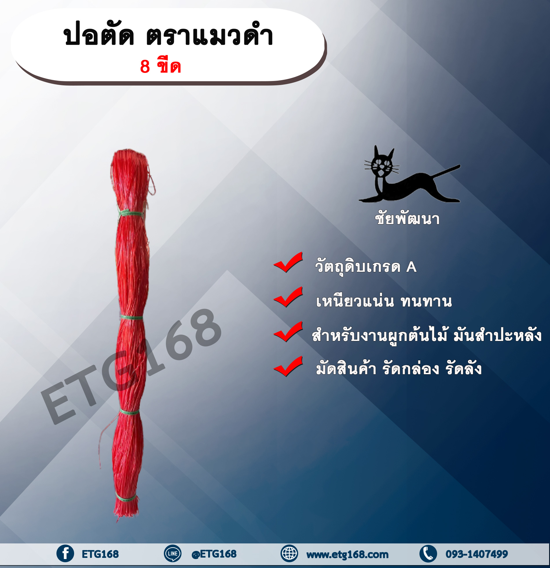 ปอตัด ตราแมวดำ 8 ขีด เชือกพลาสติกชนิดตัด เชือกผูกต้นไม้ มัดต้นมันสำปะหลัง เชือกมัดสินค้า รัดกล่อง มัดกล่อง รัดลัง มัดลัง มัดของทั่วไป เชือกตัด