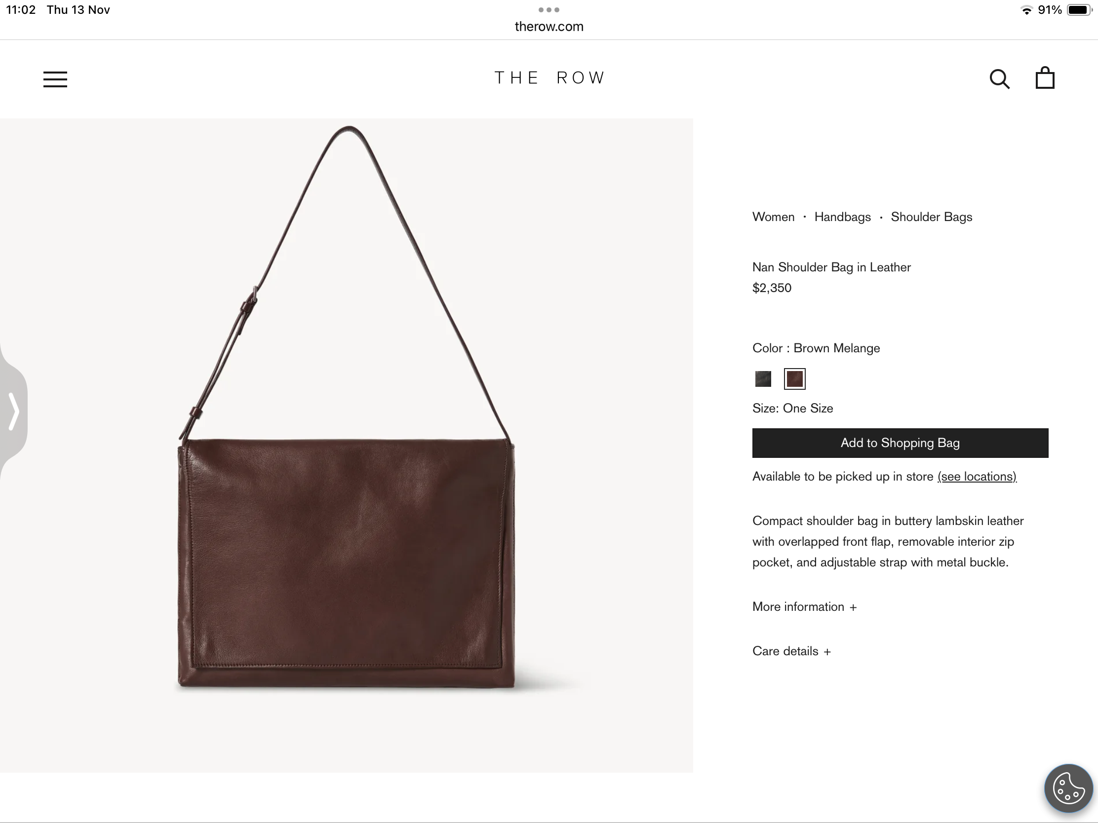 กระเป๋าหนังแกะ The Row Nan Shoulder Bag in Leather มี 2 สี มีกระเป๋าเล็กห้อย สินค้าใหม่ ของแท้