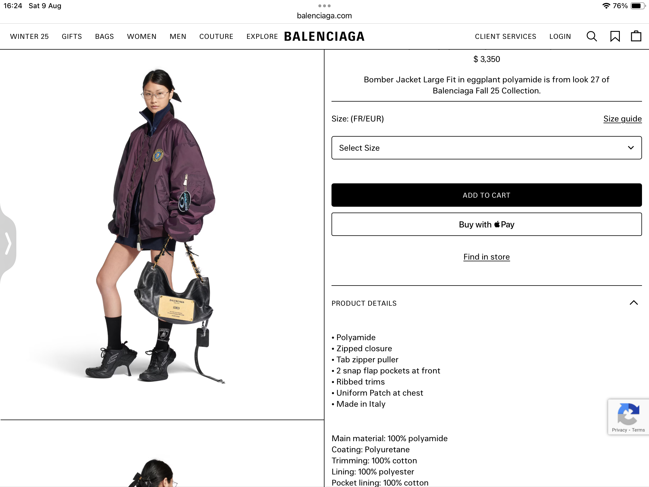 **do** เสื้อกันหนาว Balenciaga BOMBER JACKET LARGE FIT มี 2 สี ใส่ได้ชาย หญิง สินค้าไหม่ ของแท้