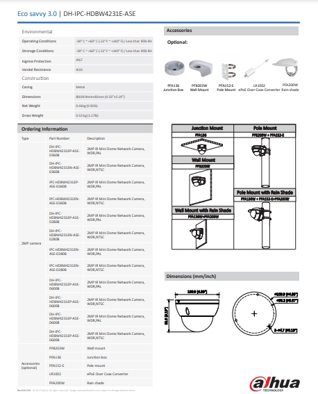 กล้องวงจรปิด Dahua 2MP Mini Dome Network Camera รุ่น DH-IPC-HDBW4231E-ASE (2.8mm, 3.6mm)