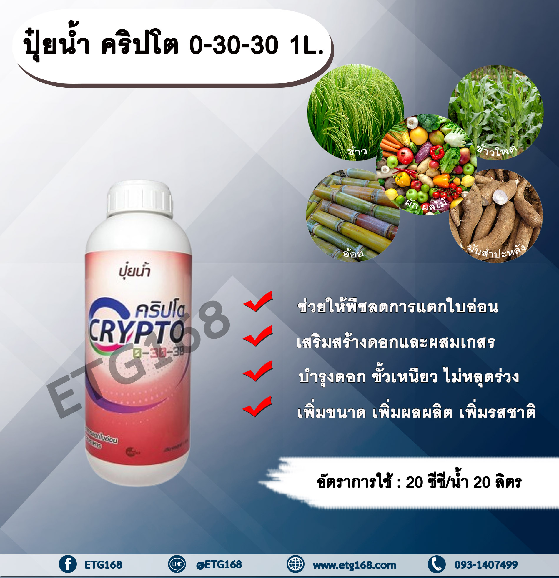 คริปโต 0-30-30 1L. ช่วยให้พืชลดการแตกใบอ่อน เสริมสร้างดอก ผสมเกสร บำรุงดอก ขั้วเหนียว ลดการหลุดร่วงเพิ่มขนาด เพิ่มผลผลิต เพิ่มรสชาติ ปุ๋ยน้ำ ปุ๋ยNPK ปุ๋ยน้ำNPK allaboutplants