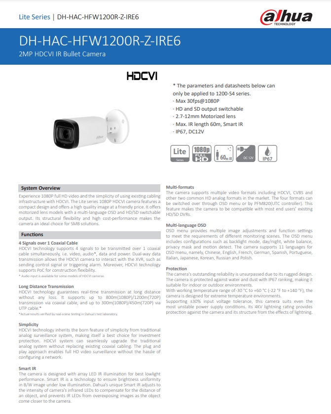 กล้องวงจรปิด Dahua 2MP HDCVI Bullet Camera รุ่น DH-HAC-HFW1200R-Z-IRE6