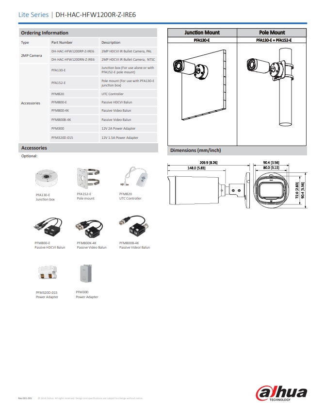 กล้องวงจรปิด Dahua 2MP HDCVI Bullet Camera รุ่น DH-HAC-HFW1200R-Z-IRE6