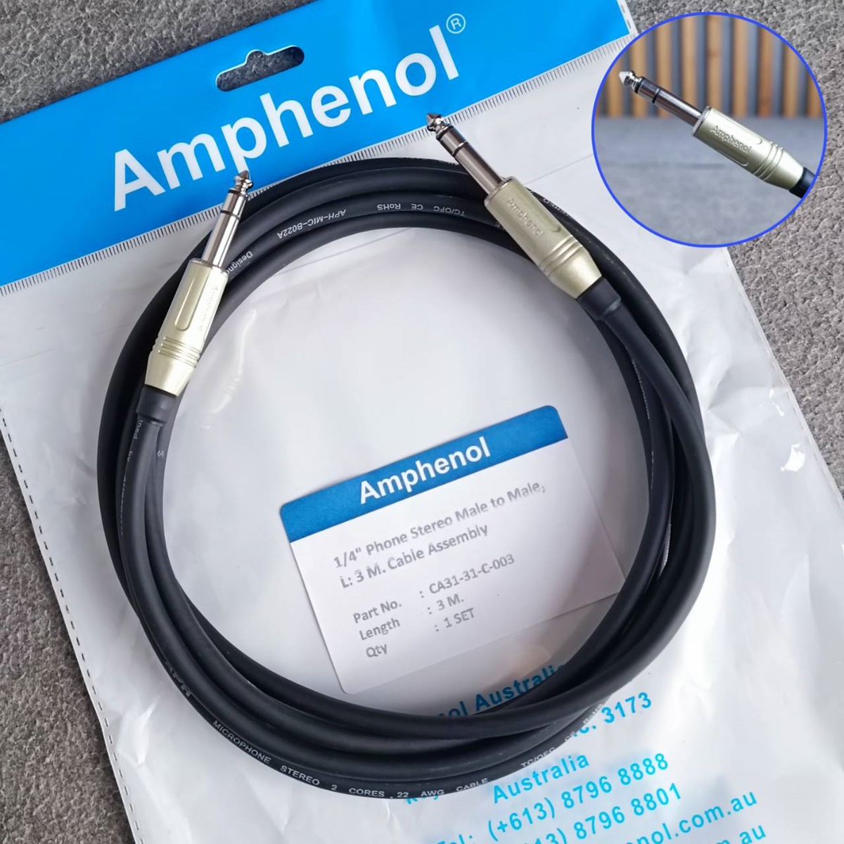 ยาว3เมตร AMPHENOL สาย PHONE STEREO หัวท้าย 3เมตร CA31-31-C-003 สายTRSหัวท้าย สายแจ็คไมค์สเตอริโอ สายสัญญาณสำเร็จรูป เอไอ-ไพศาล