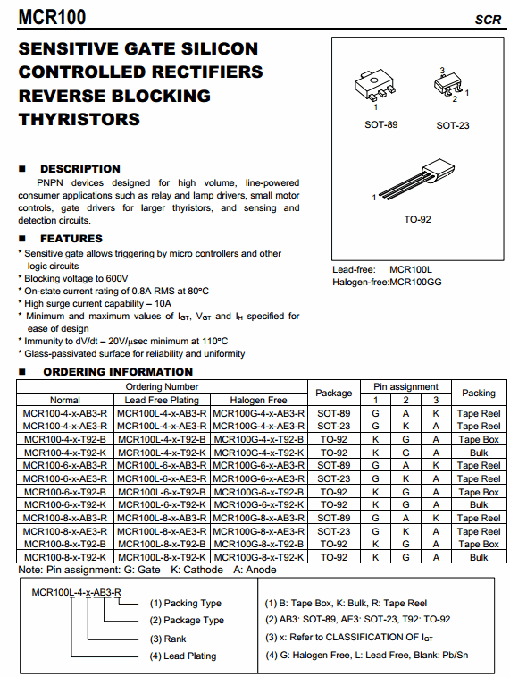 MCR100L-6-T92-B (TO-92) SCR: Sensitive Gate SCR 400V/0.8A (RMS) Gate Trigger Current 200uA Max