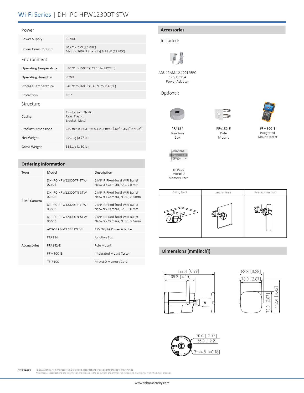 Dahua กล้องวงจรปิด Wifi รุ่น HFW1230DT-STW 2MP พูดโต้ตอบผ่านกล้องได้