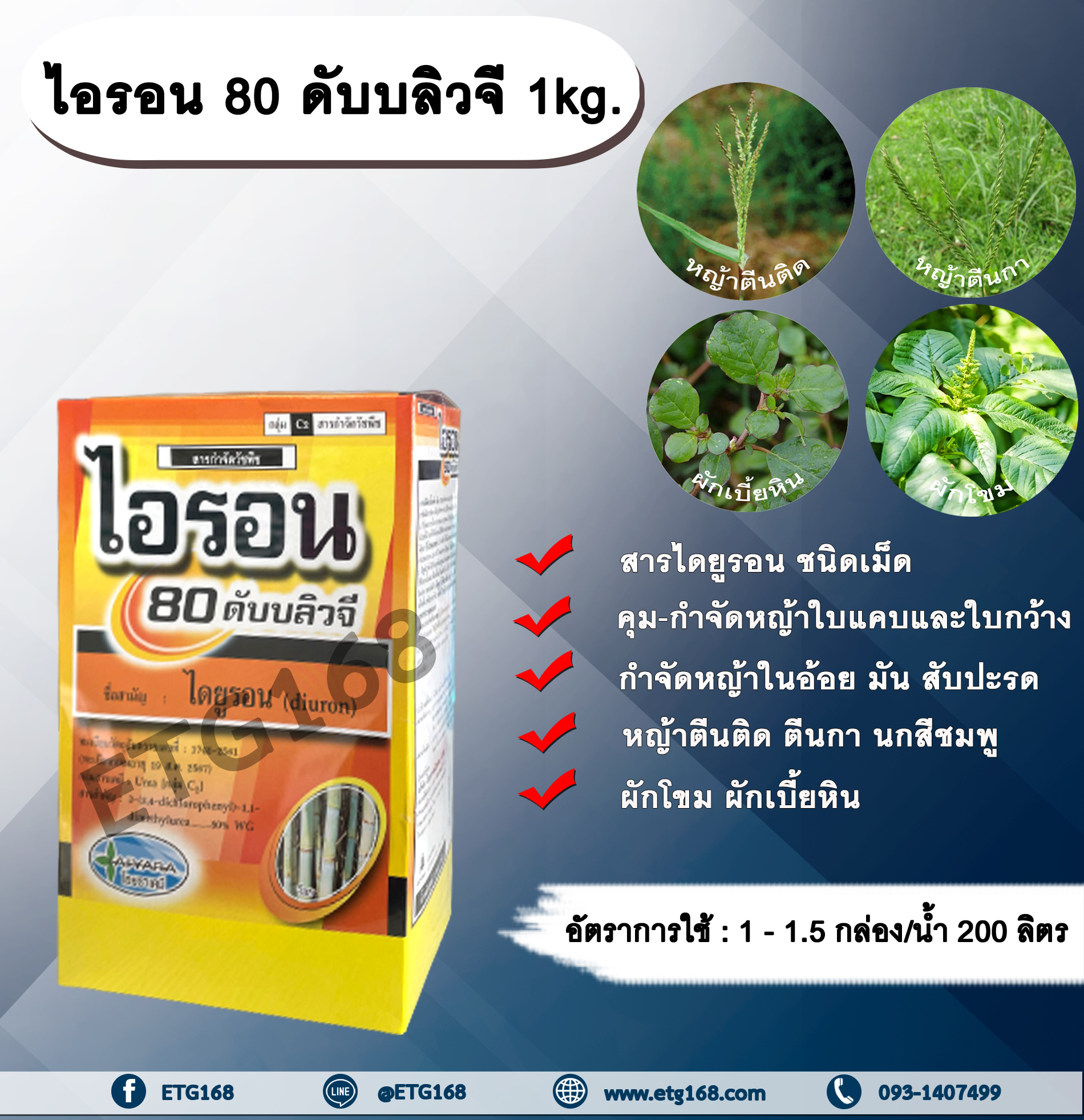 ไอรอน 80 ดับบลิวจี 1kg.ไดยูรอน สารคุมและกำจัดวัชพืช ใบแคบและใบกว้าง แบบดูดซึม ชนิดเม็ดคุมและกำจัดหญ้าใบแคบและใบกว้าง ในไร่อ้อย มันสำปะหลัง สับปะรด กำจัดหญ้านกสีชมพู หญ้าตีนนก หญ้าตีนกา หญ้าตีนติด หญ้าปากควาย หญ้าโขย่ง ผักโขม ผักเบี้ยหิน