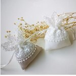 ถุงผ้าใส่ของชำร่วย ของแจก ของที่ระลึก ถุงผ้ากระสอบผสมผ้าลูกไม้ แบบไทย ๆ ขนาด 8x10.5 cm 921441