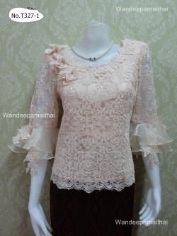 เสื้อลูกไม้ฝรั่งเศส แขน3ส่วนแต่งผ้าแก้ว สวยหรูมาก สีไข่เบอร์ XLเล็ก อกเสื้อวัดจริง 38 นิ้ว