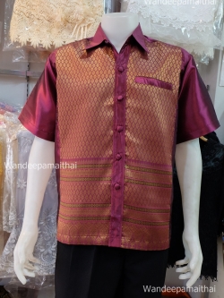 เสื้อผ้าไหมชาย (ไหมเกษตร) สีชมพูม่วง กระเป๋า3ใบ เบอร์M