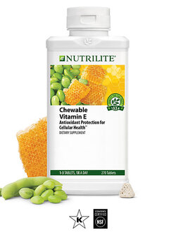 Nutrilite Chewable Vitamin E 270 tablets แบบเคี้ยว มีรสชาติที่ดี กลิ่นเมเปิ้ล ให้ความหวานด้วยน้ำผึ้งจากธรรมชาติ