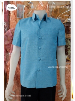 เสื้อผ้าไหมญี่ปุ่นซาฟารี สีฟ้าวันแม่ ซับผ้ากาวทั้งตัวมีซับใน มีเสริมไหล่ กระเป๋า 3 ใบ เบอร์ M