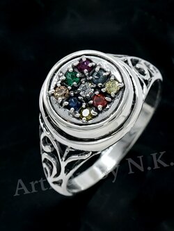 แหวนพลอยนพเก้า ตัวเรือนเงินแท้ 92.5% รมดำ พลอย CZ เกรด AAA