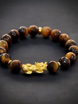 สร้อยหิน ไทเกอร์ อาย (Tiger′s Eye) เกรดพรี่เมี่ยม-หินแห่งพลังและโชคลาภ พร้อมตัวคั่นสีทองและปี่เซี่ยะ