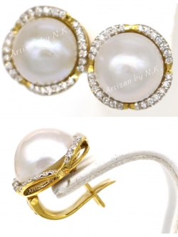 ต่างหูทองฝังมุกล้อมเพชร (Gold Earring with Diamond and natural pearl)