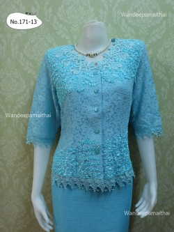 เสื้อลูกไม้กระดุมหน้า แขนสามส่วน สีฟ้า เบอร์ L อกเสื้อ 36 นิ้ว