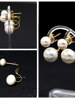 ต่างหูมุก: Gold stud earring with Fresh water pearls ต่างหูมุกแท้ก้านทองสไตน์Dior