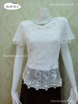 เสื้อลูกไม้ ชายผ้าแก้ว สีขาว เบอร์ L เล็ก อกเสื้อวัดเต็ม 36 นิ้ว