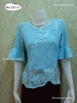 เสื้อลูกไม้ แขน3ส่วน ชายแต่งผ้าแก้ว ลูกไม้สีฟ้าวันแม่ เบอร์ M อกเสื้อวัดเต็ม 35 นิ้ว