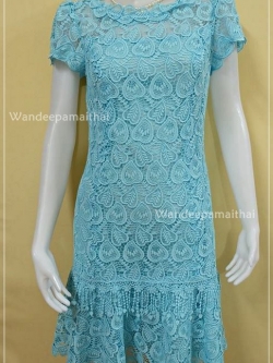 ชุดแซกลูกไม้คอตตอนทั้งตัวเนื้อดี ใส่สบาย สีฟ้าวันแม่ ชายหางปลา เบอร์ M