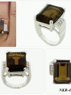 แหวนเงินแท้ชุบทองคำขาวฝังพลอยสโมกกี้ควอตช์ (Smoky quartz) ขนาด15mm.*20mm.