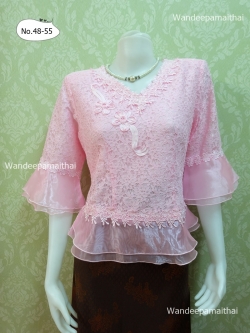 เสื้อลูกไม้ คอวี แขนระบายผ้าแก้ว ชายระบายผ้าแก้ว สีชมพู เบอร์ M