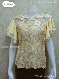 เสื้อลูกไม้นอกสอดดิ้นทอง แขนพริ้วแต่งด้วยผ้าชีฟอง งานสวยมาก เบอร์ XXL อกเสื้อวัดเต็ม 42นิ้ว