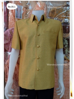 เสื้อผ้าไหมญี่ปุ่นชาย สีเหลืองไพร ซับผ้ากาวทั้งตัว กระเป๋า 3 ใบ เบอร์ S