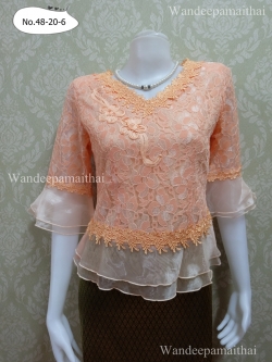 เสื้อลูกไม้ คอวี แขนระบายผ้าแก้ว ชายระบายผ้าแก้ว (สีส้ม) เบอร์ XXL อกเสื้อวัดเต็ม 43 นิ้ว