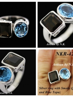 แหวนเงินแท้ชุบทองขาวฝังพลอย สโมกกี้ควอตช์ (Smoky quartz) และ บลูโทพาส (Blue Topaz)