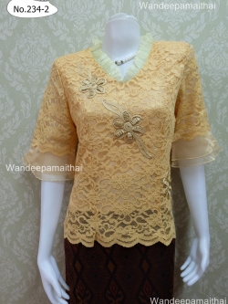 เสื้อลูกไม้ เสื้อลูกไม้สีน้ำตาล คอระบายผ้าแก้ว เบอร์ L อกเสื้อวัดเต็ม 37นิ้ว