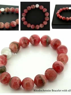 สร้อยข้อมือหินโรโดโครไซต์แท้ขนาด 13.5mm. พร้อมลูกปัดเงินแท้ (Natural Rhodochosite(13mm. bracelet with silver bead)
