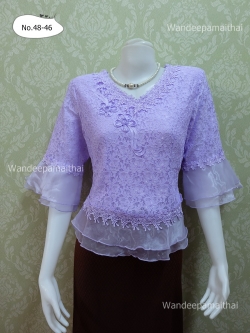 เสื้อลูกไม้ คอวี แขนระบายผ้าแก้ว ชายระบายผ้าแก้ว สีม่วง เบอร์ L อกเสื้อวัดเต็ม 37 นิ้ว