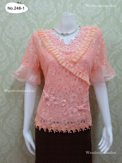 เสื้อลูกไม้ ระบายผ้าแก้ว สีโอรส เบอร์ Lอกเสื้อวัดเต็ม 38 นิ้ว