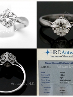 แหวนเพชร 18K white gold ฝังเพชรเม็ดเดี่ยวขนาด 1.05 กะรัต ราคาพิเศษ พร้อมใบเซอร์ HRD: Loupe clean, 3 EXCELLENT