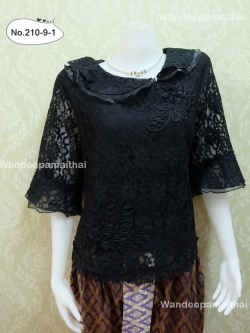 เสื้อลูกไม้ สีดำ แขน3ส่วนแต่งผ้าแก้ว เบอร์ XXL อกเสื้อวัดเต็ม 41 นิ้ว