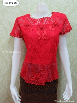 เสื้อลูกไม้ ชายแต่งผ้าแก้ว สีแดงเบอร์ XXL อกเสื้อวัดเต็ม 43 นิ้ว