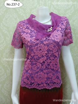 เสื้อลูกไม้แก้ว ปกผ้าแก้วพร้อมเข็มกลัด สีทูโทนม่วงกลีบบัว อกเสื้อวัดเต็ม 36 นิ้ว