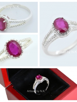 แหวนเงินแท้ชุบทองขาว ฝังทับทิมแท้ (สามารถสั่งทำเป็นตัวเรือนทองได้)