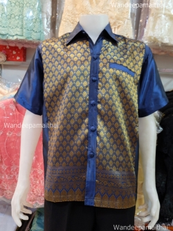 เสื้อผ้าไหมชาย (ไหมเกษตร) สีน้ำเงิน กระเป๋า3ใบ เบอร์L