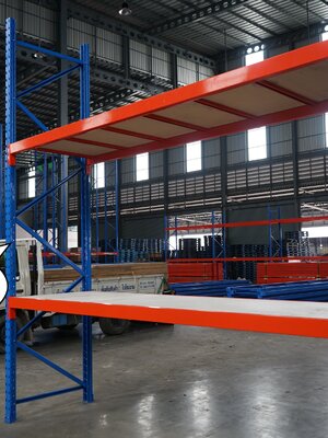 ชั้นวางสินค้าในคลังสินค้ามือสองแบบปูพื้นไม้อัด