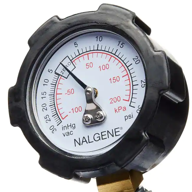 Nalgene™ Zinc/Aluminum Hand-Operated Vacuum Pump with Gauge, 15 cc/stroke